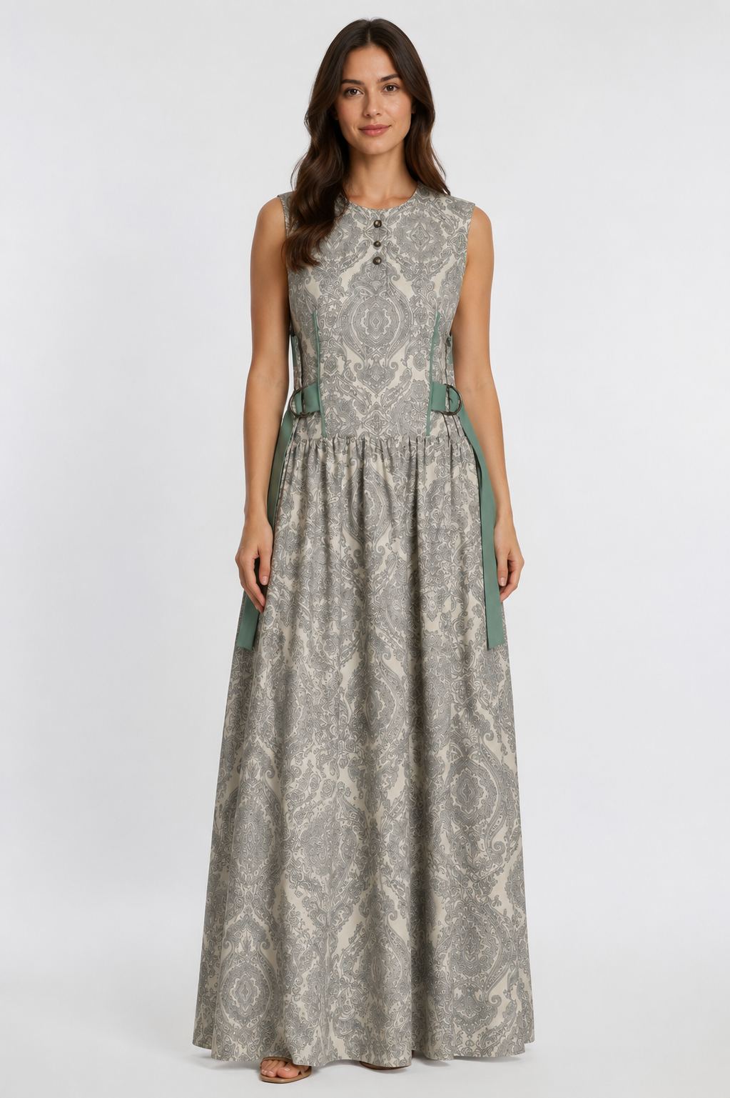 Grey Paisley Maxi Dress | Sustainable Sleeveless Occasion Dress with Sage Adjustable D-Ring Waist