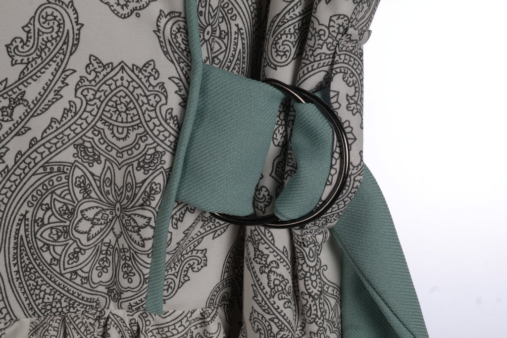 Grey Paisley Maxi Dress | Sustainable Sleeveless Occasion Dress with Sage Adjustable D-Ring Waist