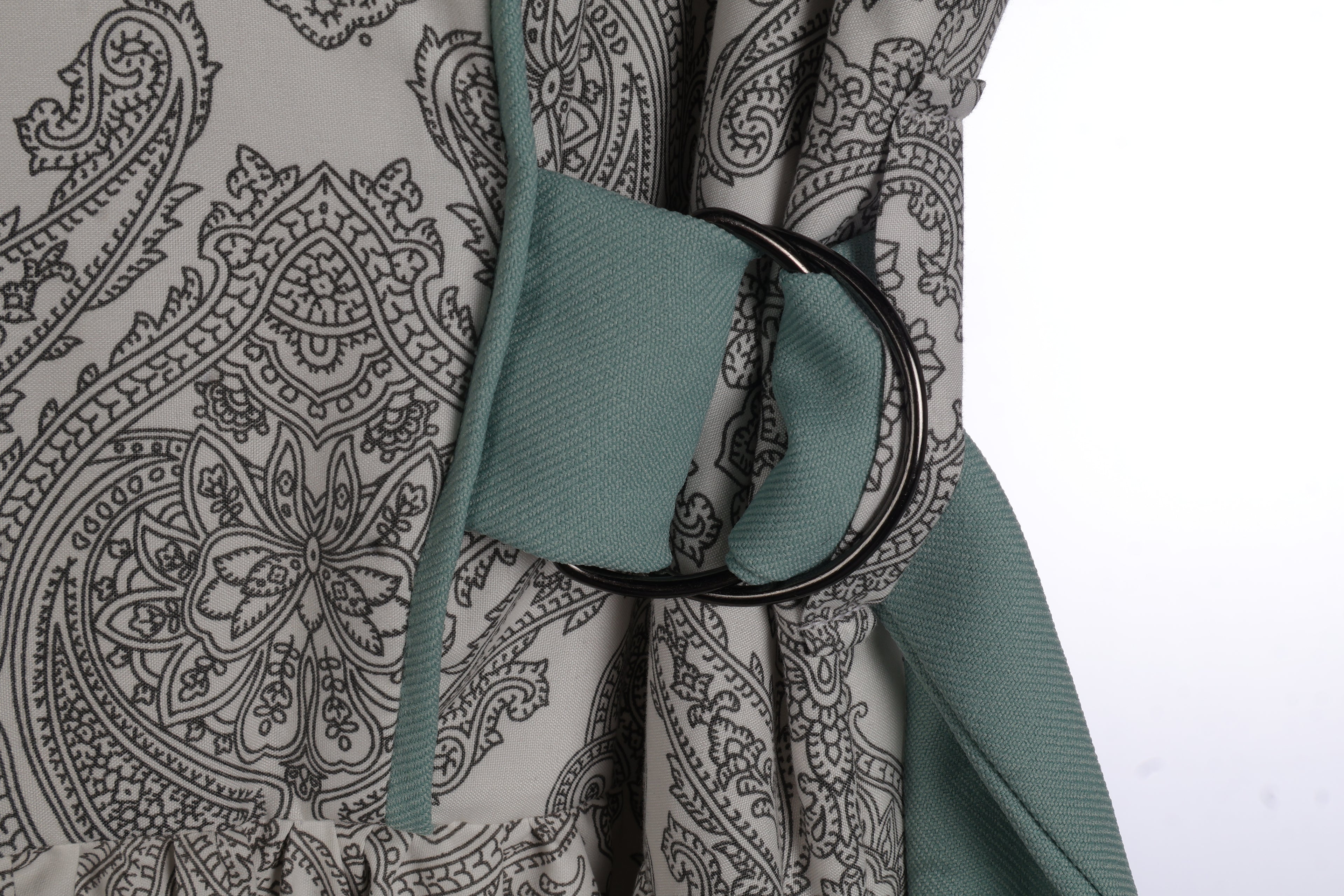 Grey Paisley Maxi Dress | Sustainable Sleeveless Occasion Dress with Sage Adjustable D-Ring Waist