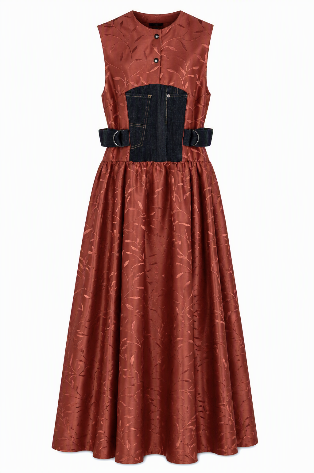 Rust Jacquard Maxi Dress | Sustainable Sleeveless Dress with Denim Corset Panel & Adjustable D-Ring Waist