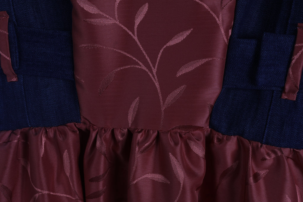 Rust Jacquard Maxi Dress | Sustainable Sleeveless Dress with Denim Corset Panel & Adjustable D-Ring Waist