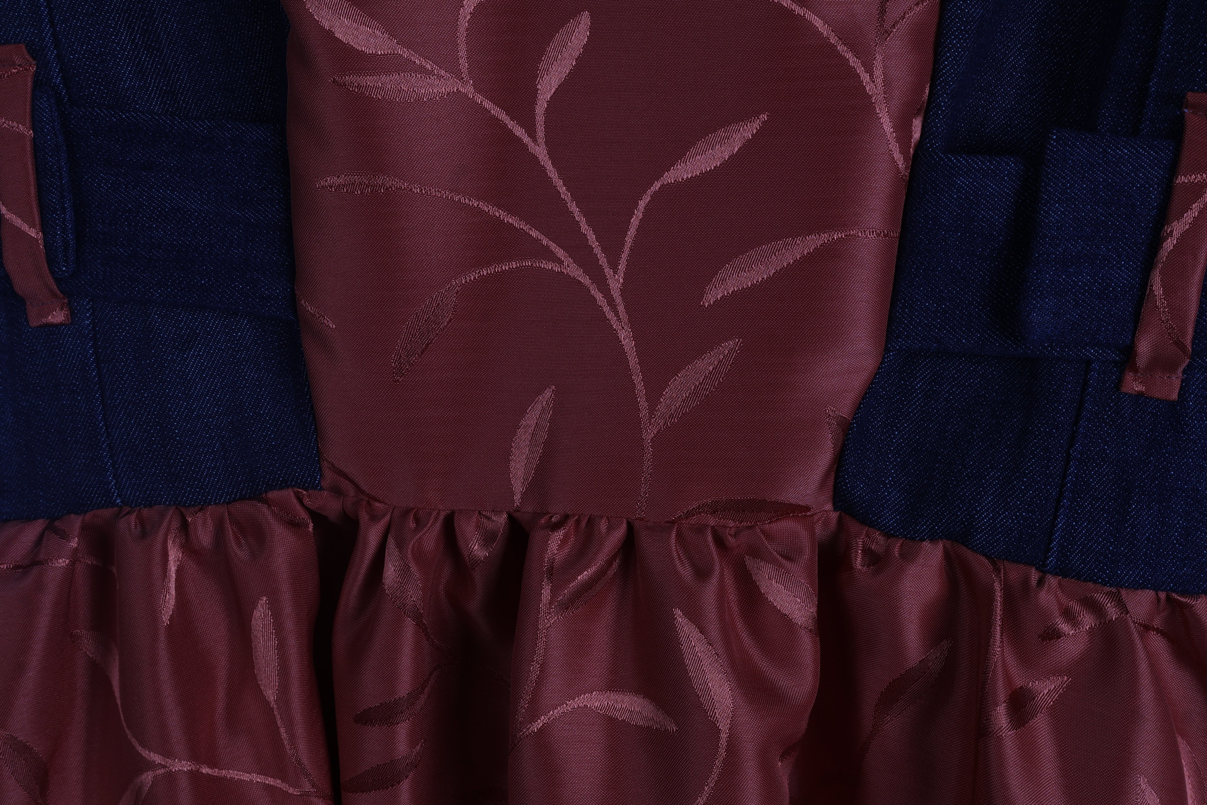 Rust Jacquard Maxi Dress | Sustainable Sleeveless Dress with Denim Corset Panel & Adjustable D-Ring Waist