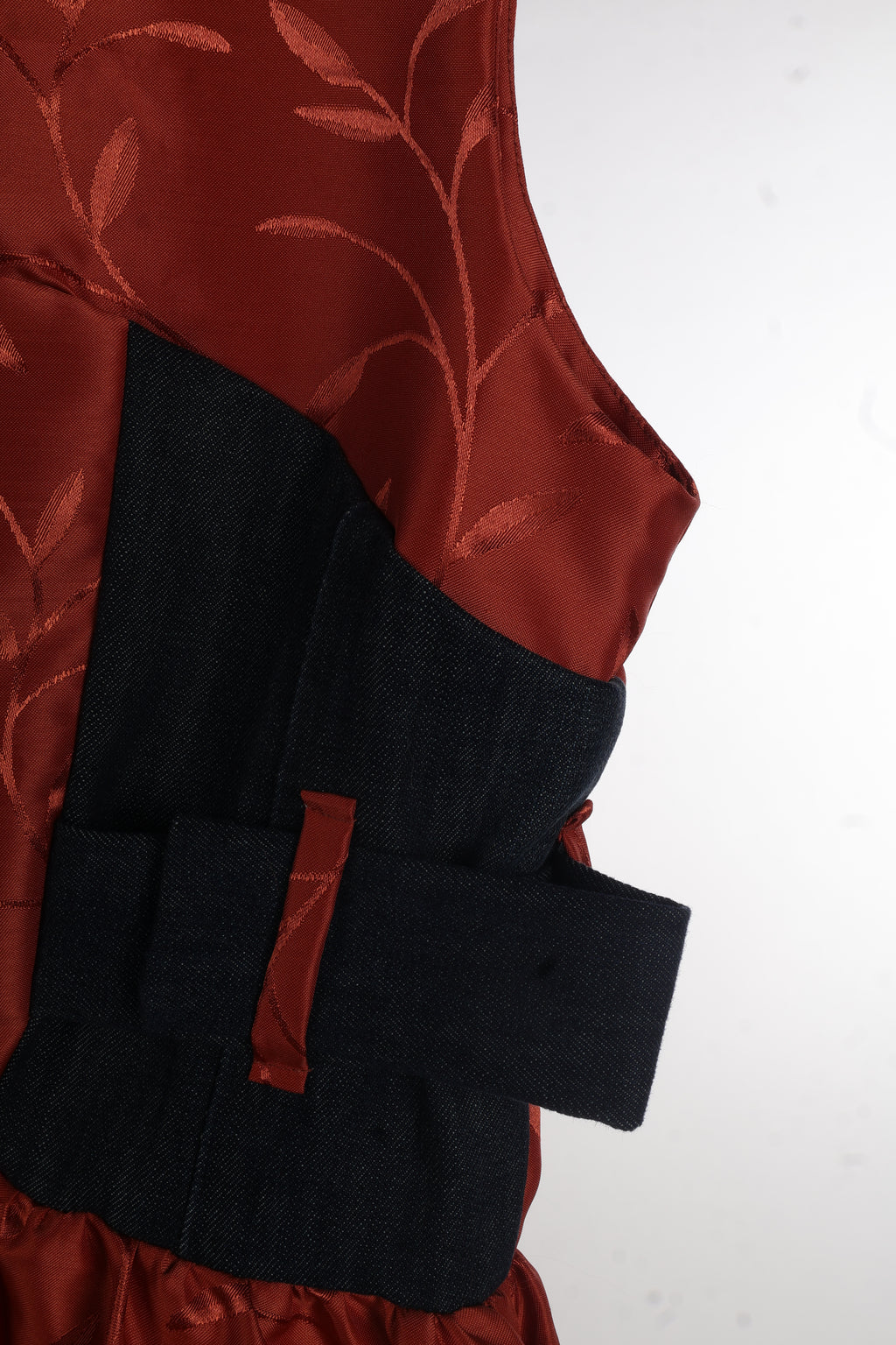Rust Jacquard Maxi Dress | Sustainable Sleeveless Dress with Denim Corset Panel & Adjustable D-Ring Waist