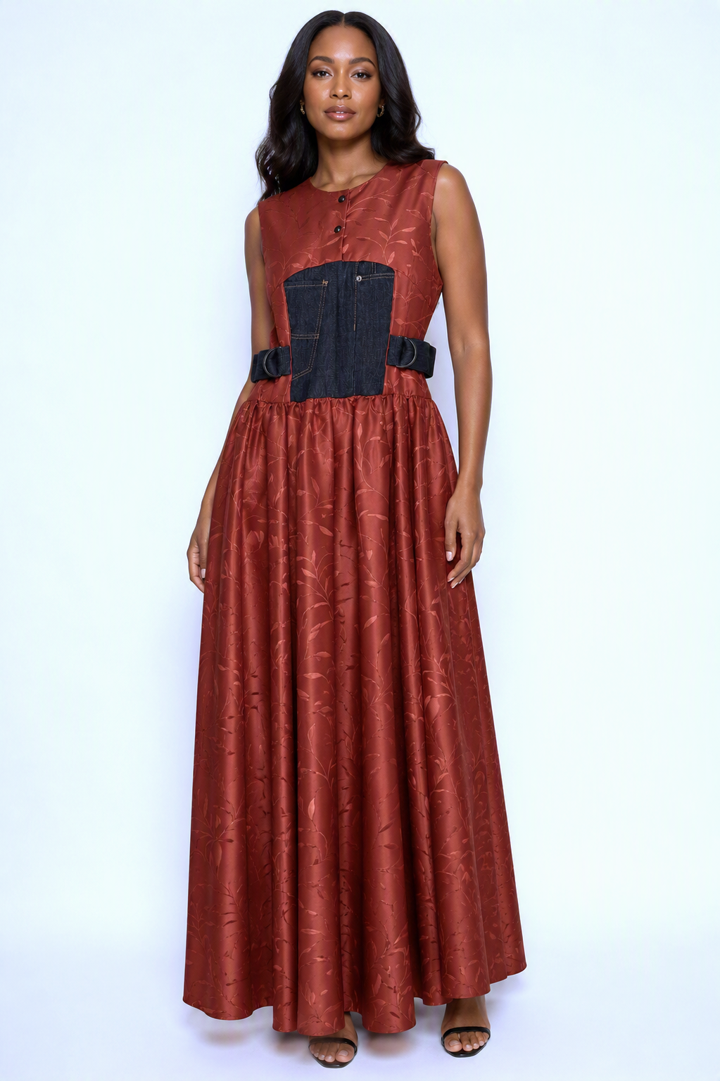 Rust Jacquard Maxi Dress | Sustainable Sleeveless Dress with Denim Corset Panel & Adjustable D-Ring Waist