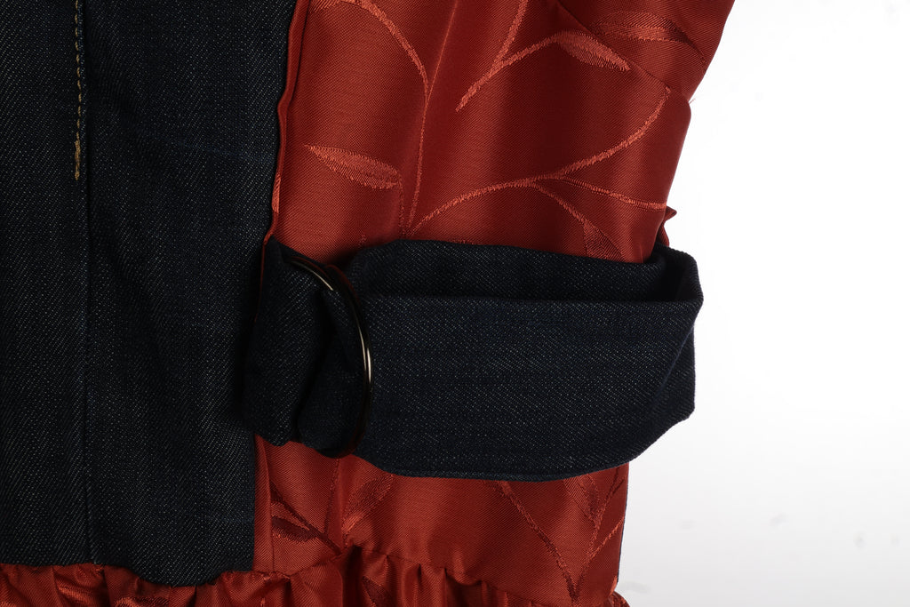 Rust Jacquard Maxi Dress | Sustainable Sleeveless Dress with Denim Corset Panel & Adjustable D-Ring Waist