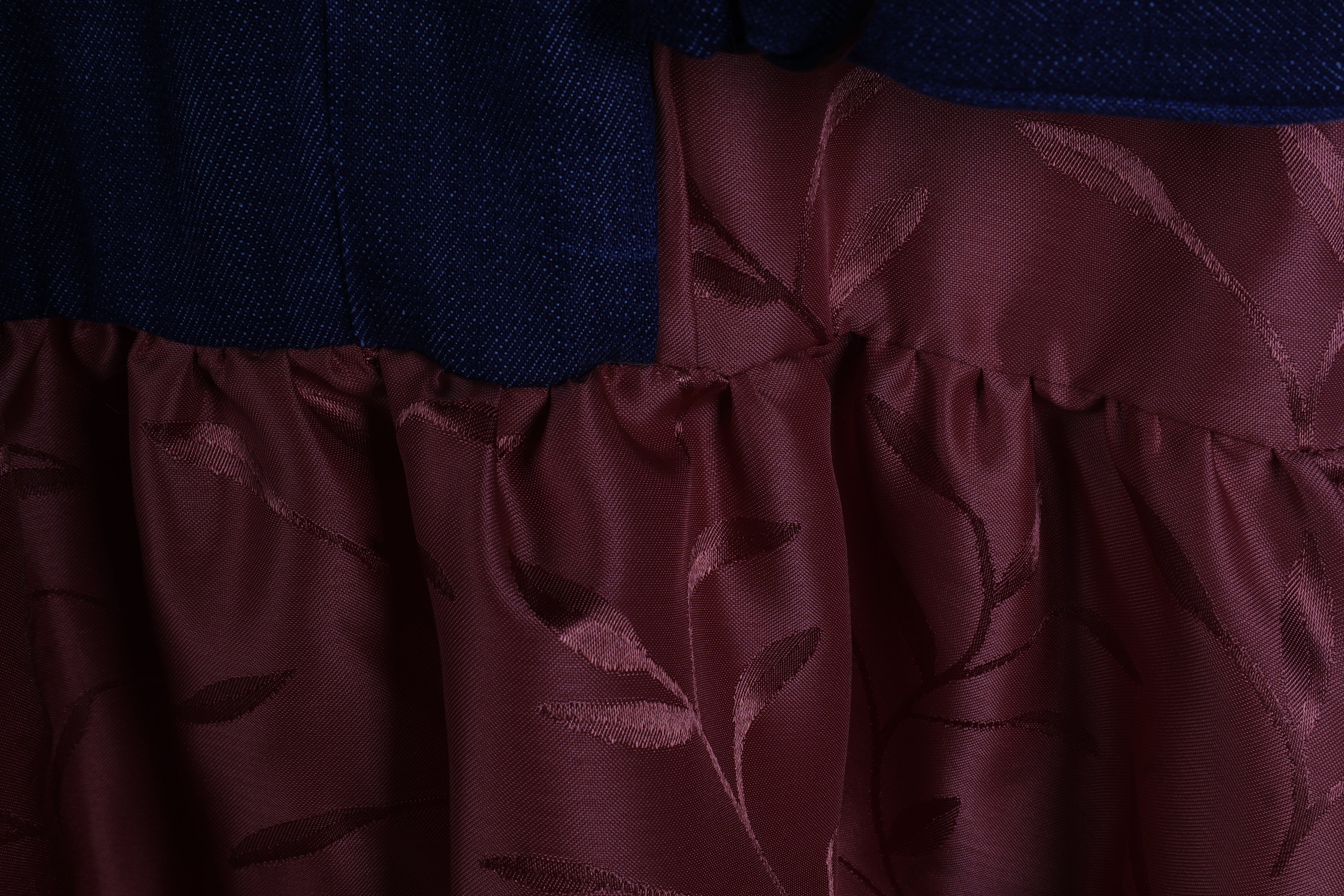 Rust Jacquard Maxi Dress | Sustainable Sleeveless Dress with Denim Corset Panel & Adjustable D-Ring Waist