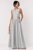 Stone Grey Maxi Dress | Sustainable Sleeveless Dress with Adjustable Jacquard D-Ring Waist