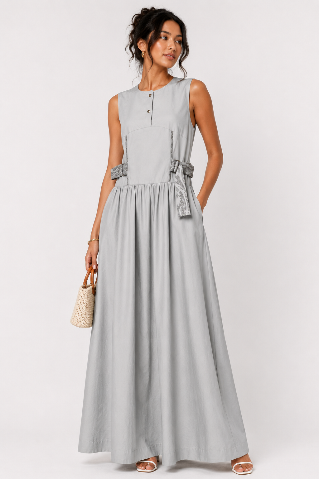 Stone Grey Maxi Dress | Sustainable Sleeveless Dress with Adjustable Jacquard D-Ring Waist