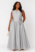 Stone Grey Maxi Dress | Sustainable Sleeveless Dress with Adjustable Jacquard D-Ring Waist