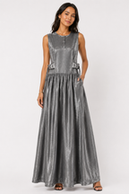 Silver Jacquard Maxi Dress | Sustainable Sleeveless Occasion Dress with Adjustable D-Ring Waist