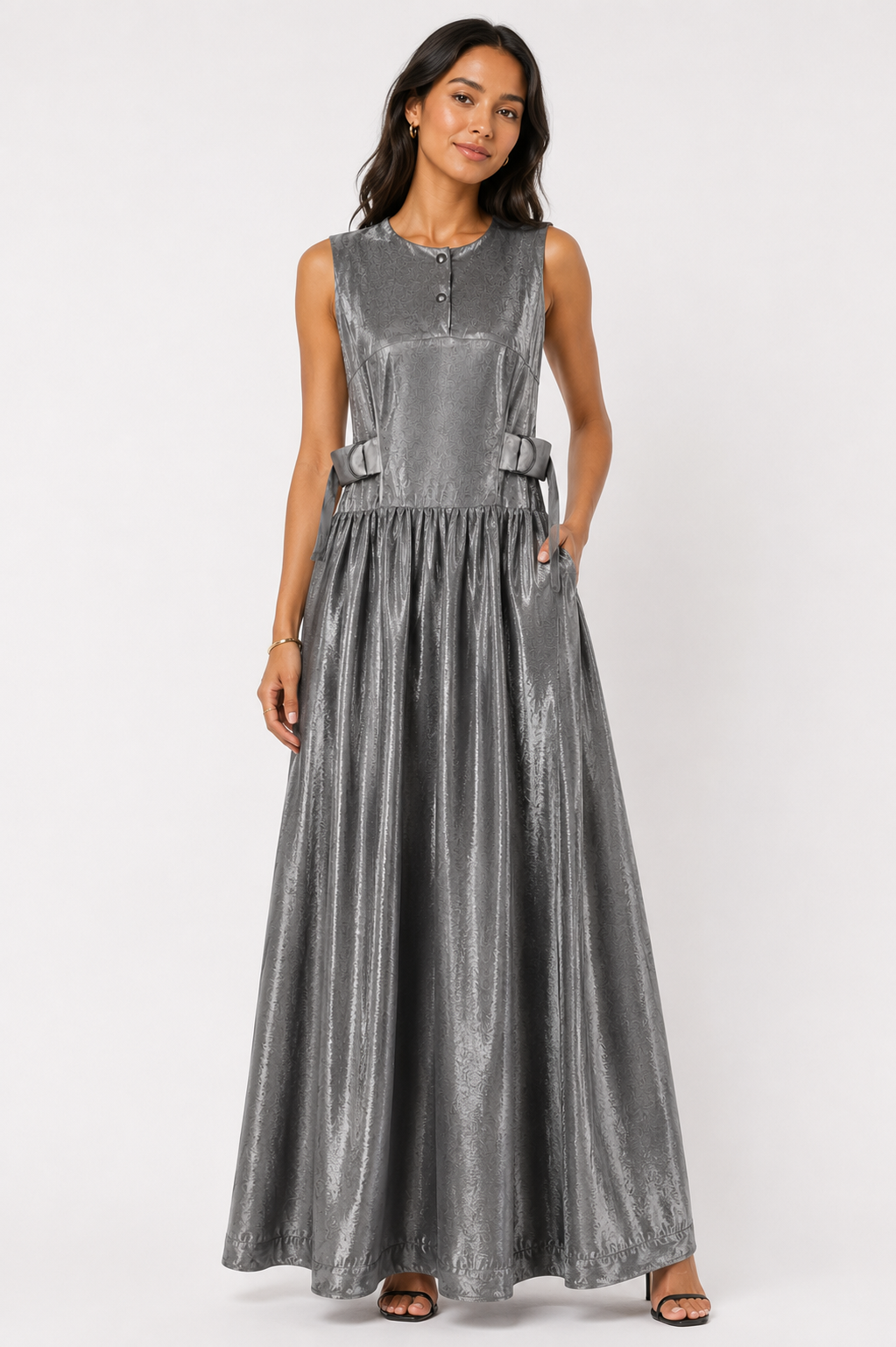 Silver Jacquard Maxi Dress | Sustainable Sleeveless Occasion Dress with Adjustable D-Ring Waist