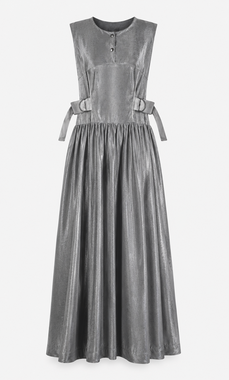 Silver Jacquard Maxi Dress | Sustainable Sleeveless Occasion Dress with Adjustable D-Ring Waist
