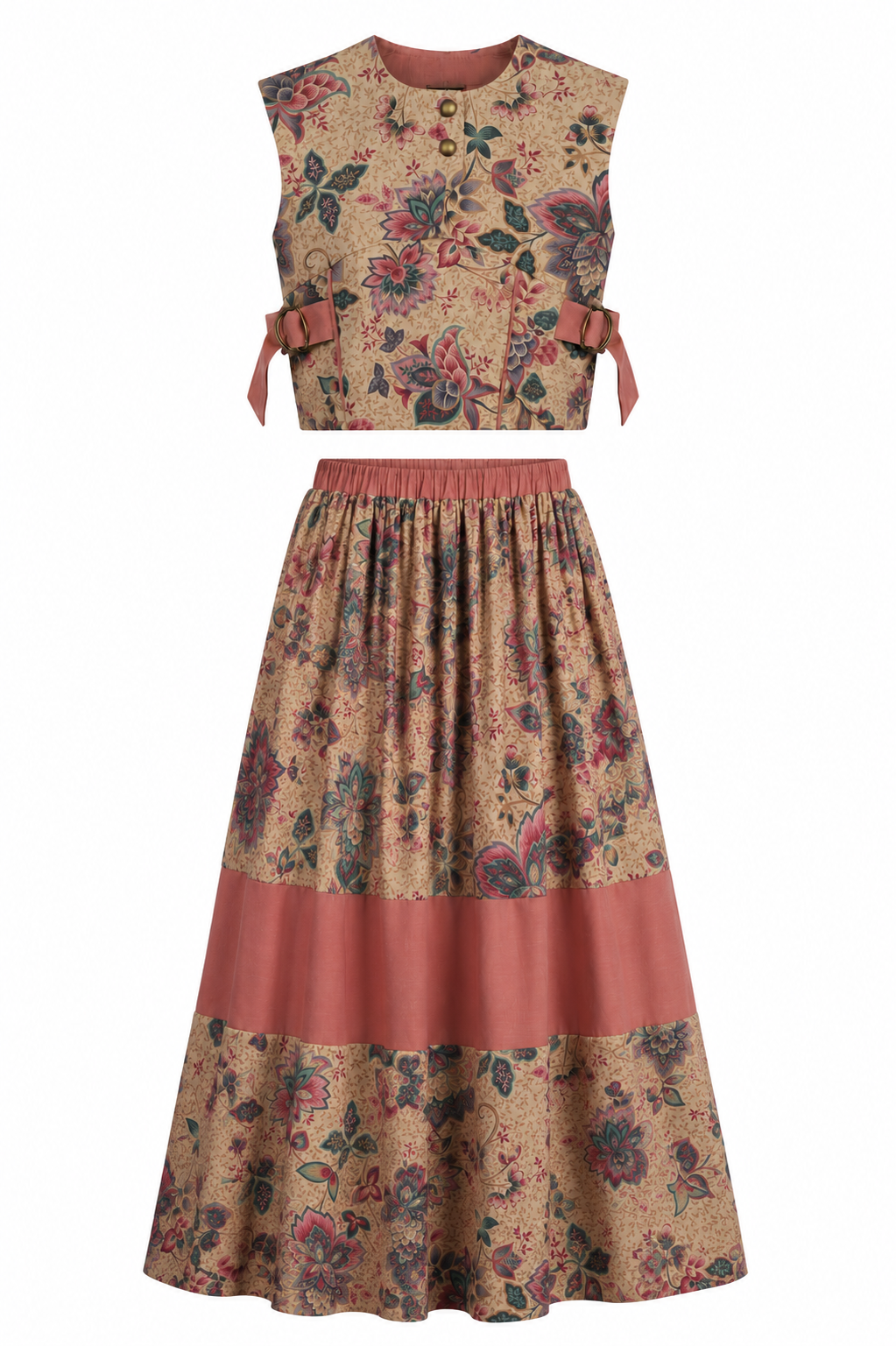 Vintage Floral Co-Ord Set | Sustainable Sleeveless Crop Top & Tiered Maxi Skirt