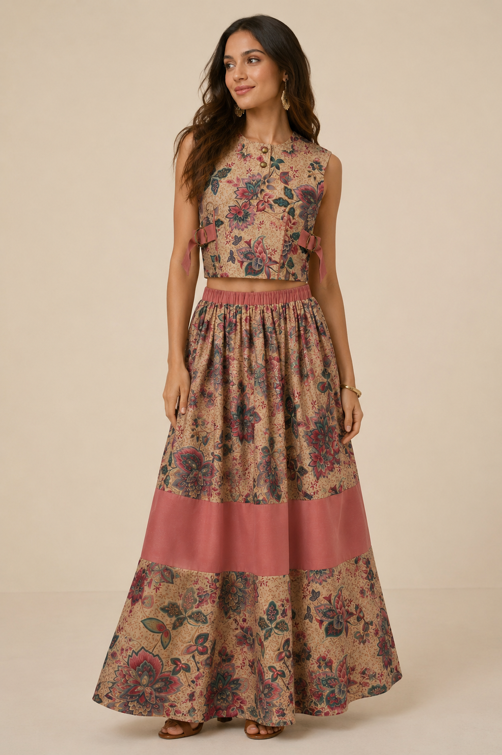 Vintage Floral Co-Ord Set | Sustainable Sleeveless Crop Top & Tiered Maxi Skirt
