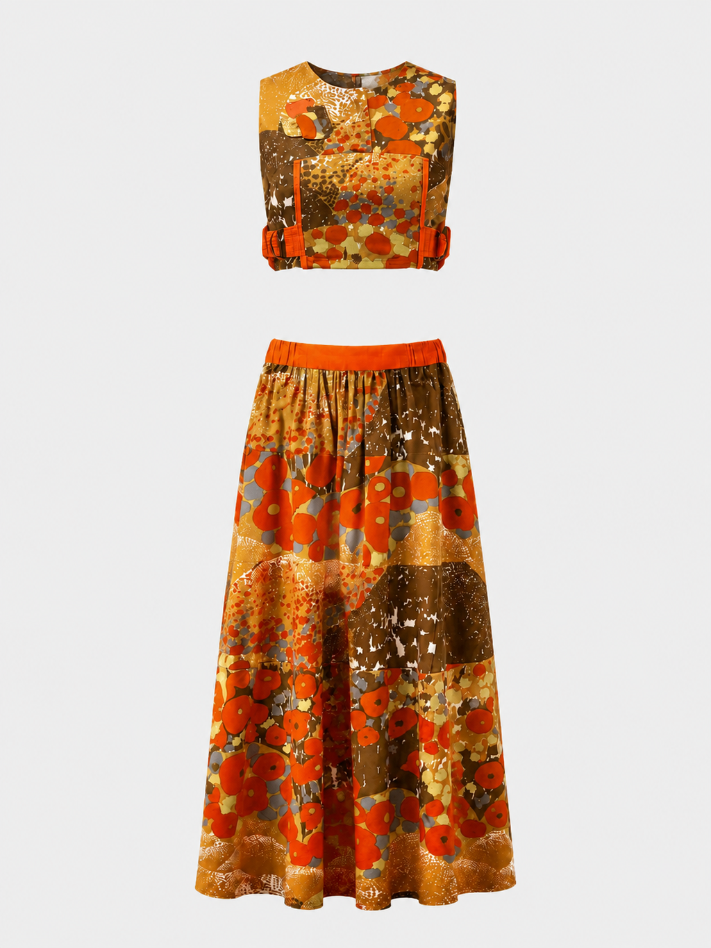 Women’s Orange Patchwork Crop Top & Maxi Skirt Set