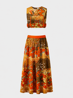 Women’s Orange Patchwork Crop Top & Maxi Skirt Set