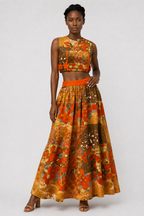 Women’s Orange Patchwork Crop Top & Maxi Skirt Set