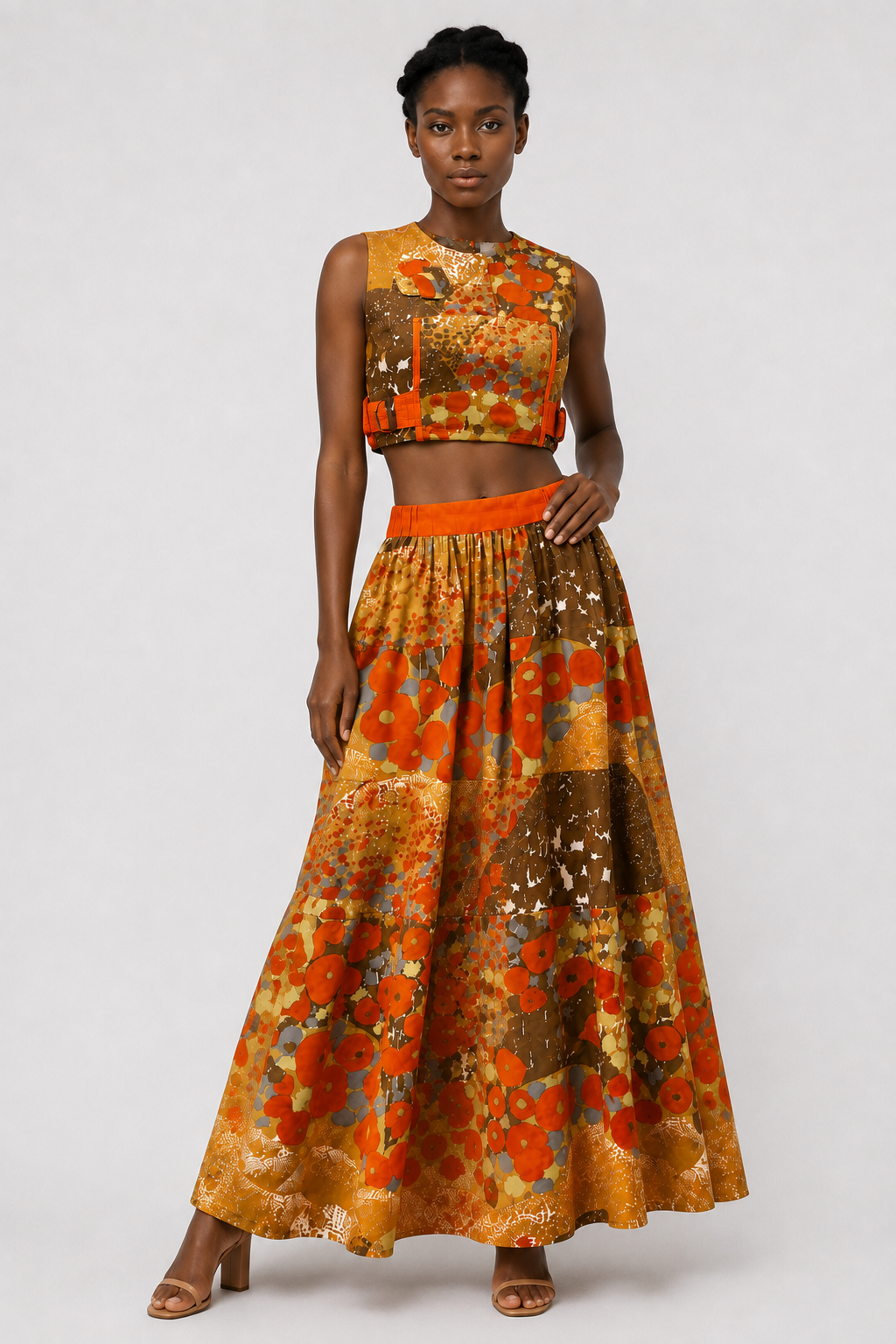 Women’s Orange Patchwork Crop Top & Maxi Skirt Set