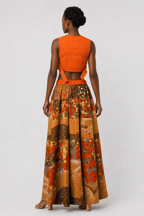 Women’s Orange Patchwork Crop Top & Maxi Skirt Set