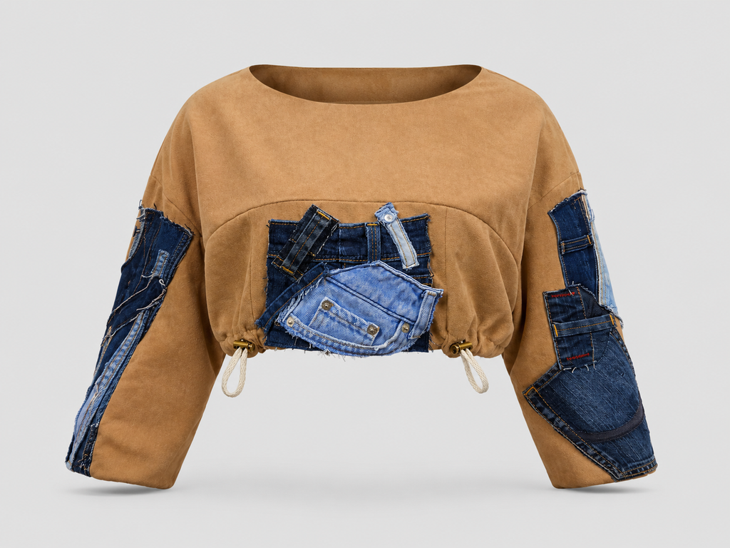 Unisex Camel and Denim Patchwork Cropped Top