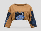 Unisex Camel and Denim Patchwork Cropped Top