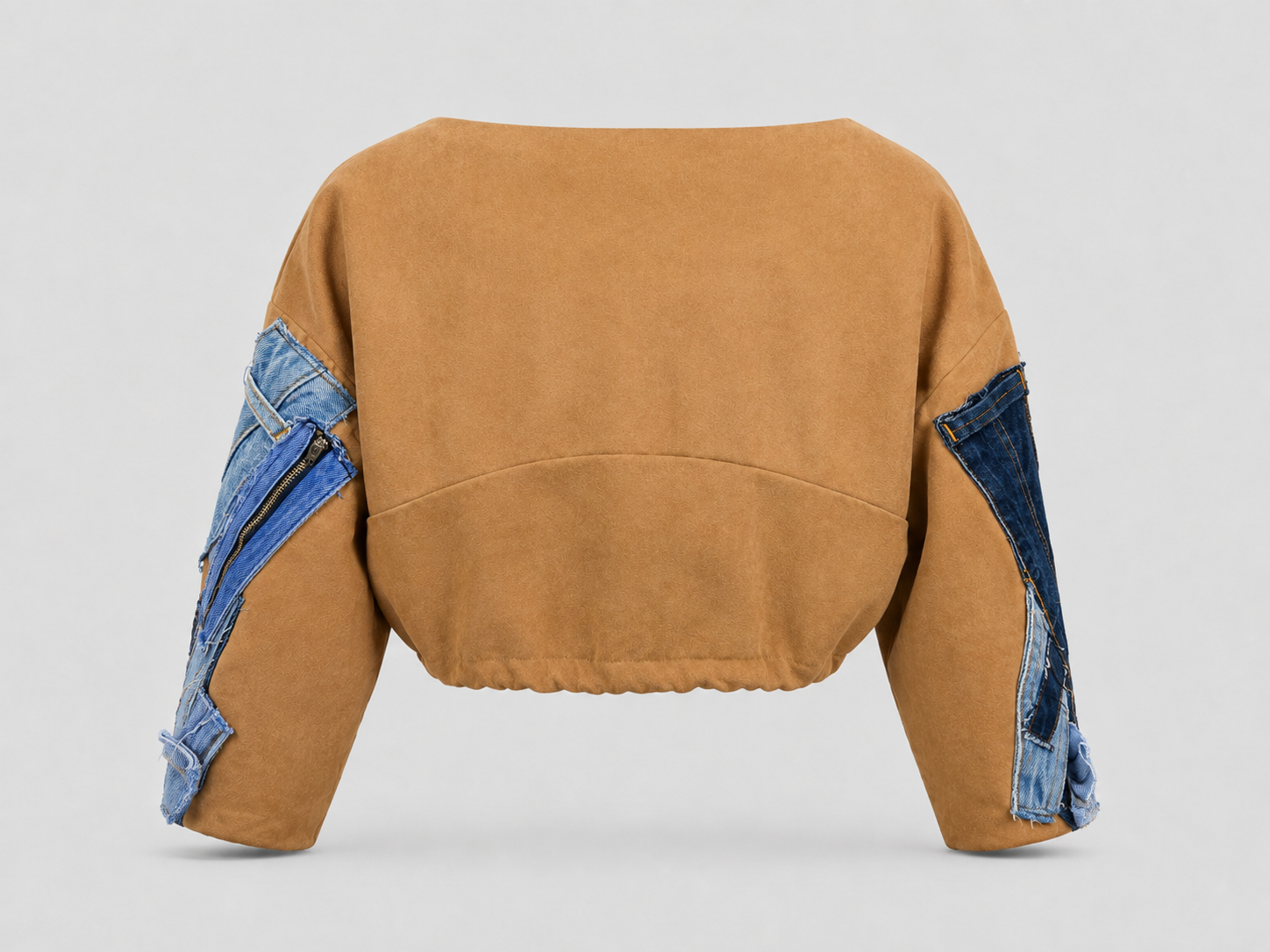 Unisex Camel and Denim Patchwork Cropped Top