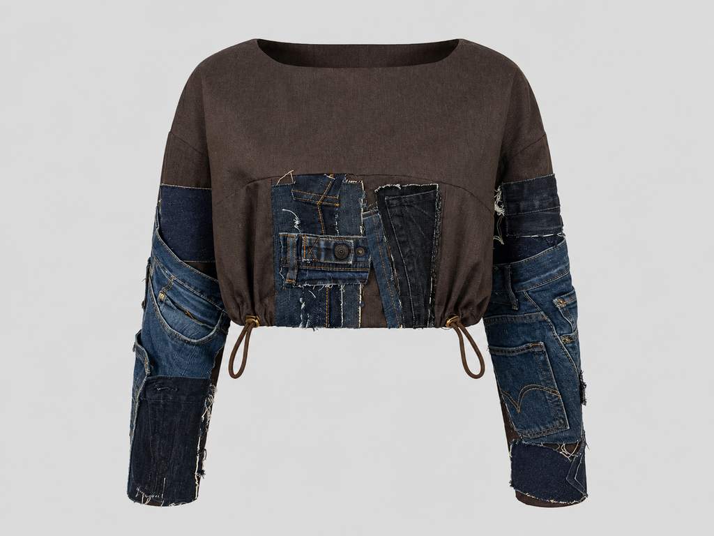 Cropped Patchwork Top with Denim Sleeves