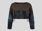 Cropped Patchwork Top with Denim Sleeves