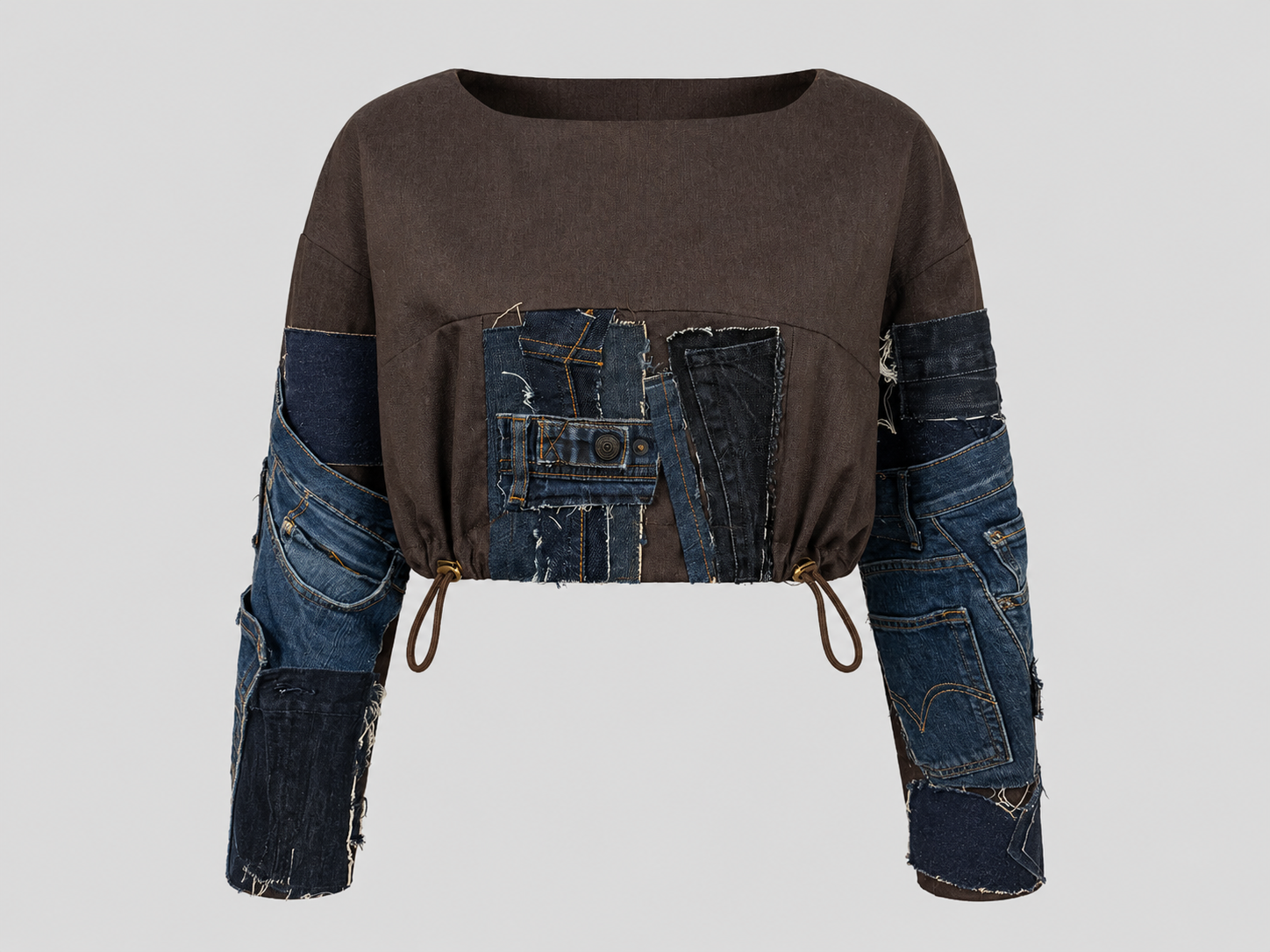Cropped Patchwork Top with Denim Sleeves