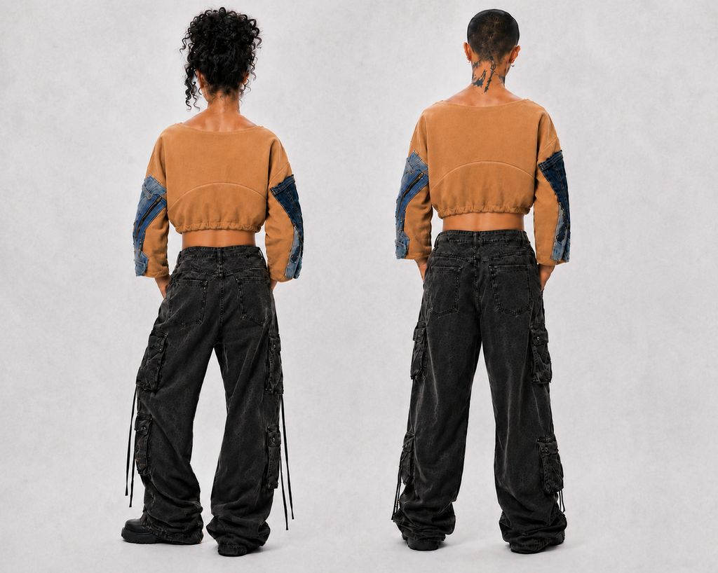 Unisex Camel and Denim Patchwork Cropped Top