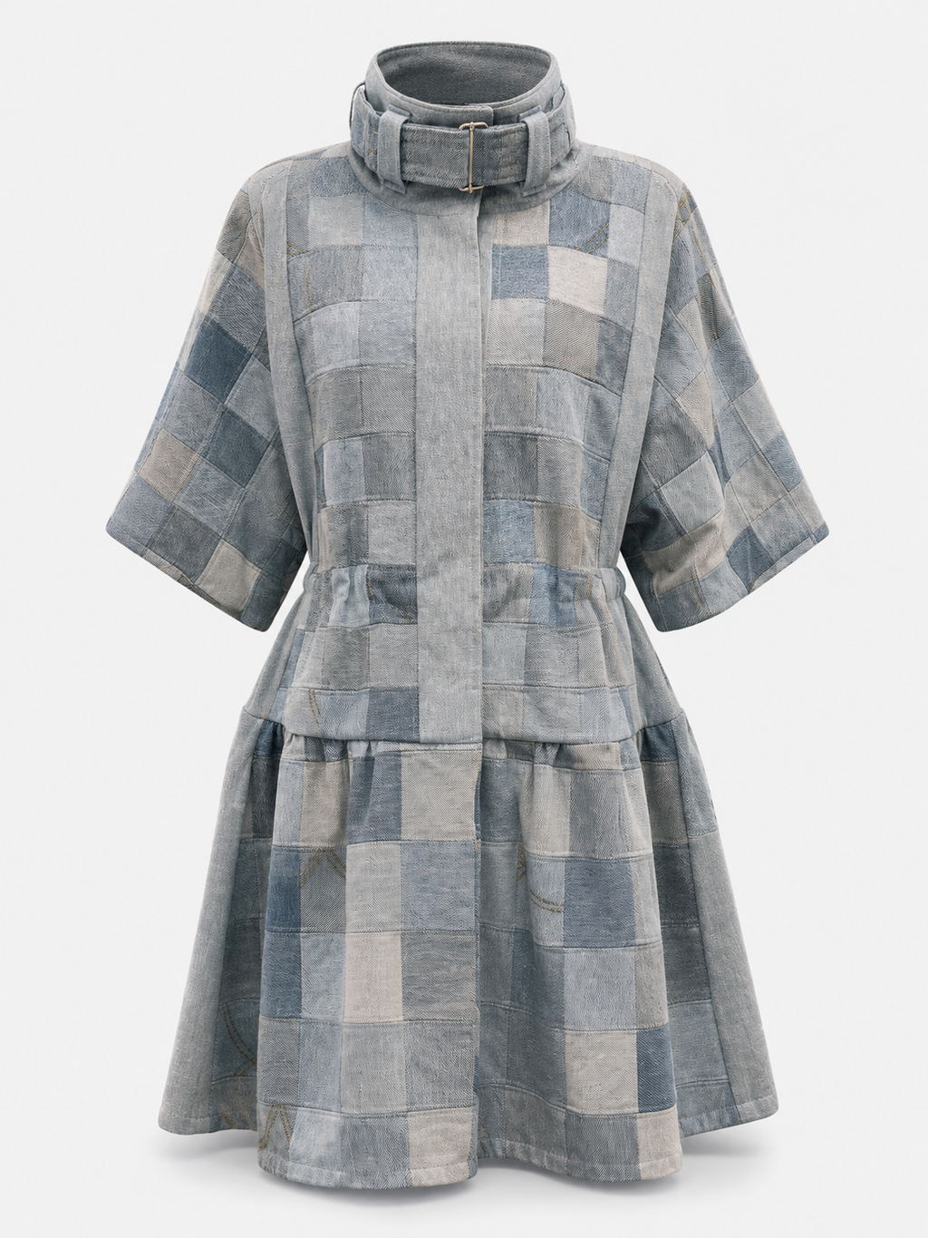 Patchwork Denim Drawstring Dress Coat