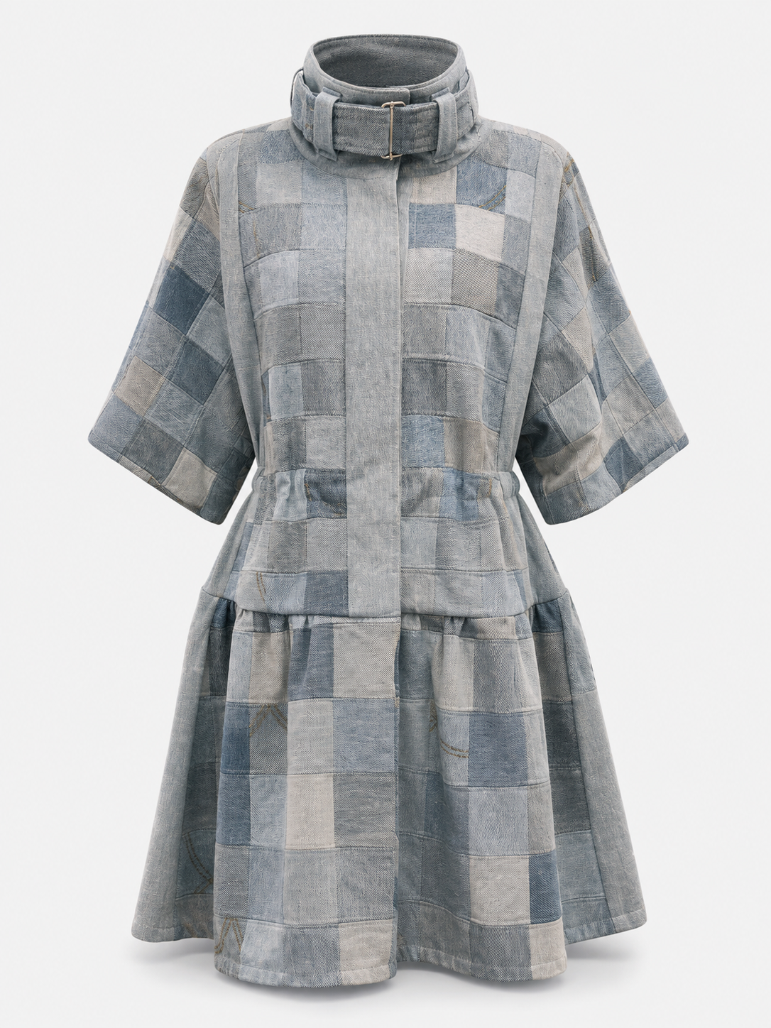 Patchwork Denim Drawstring Dress Coat