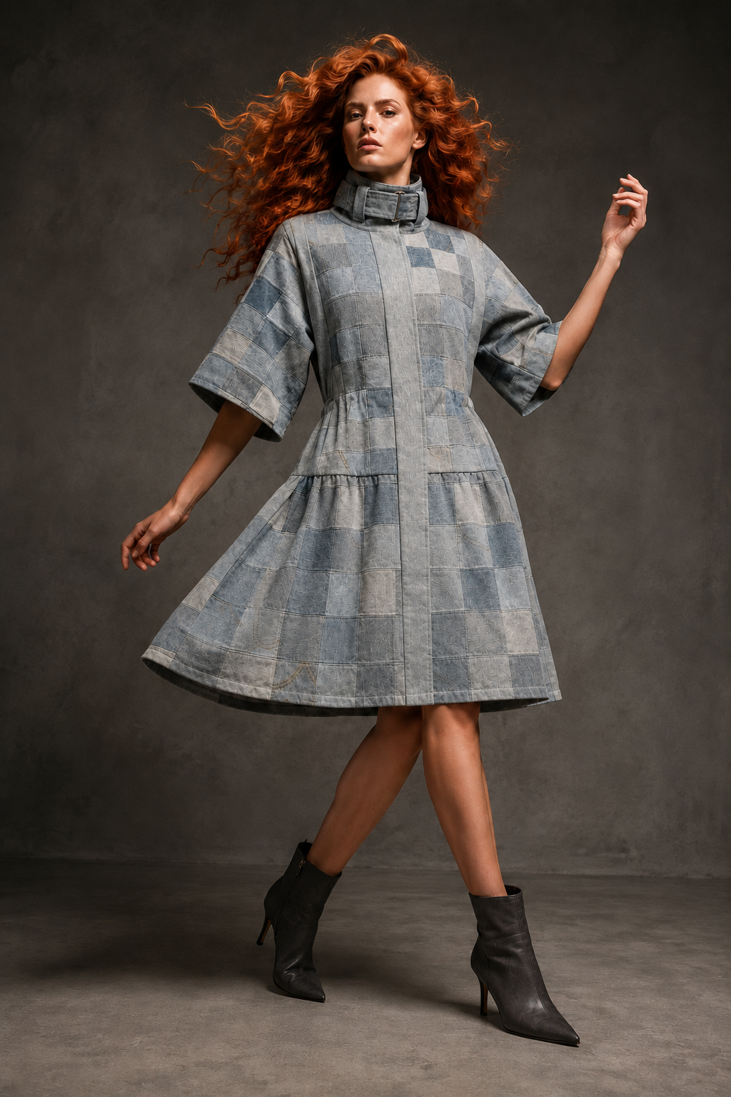Patchwork Denim Drawstring Dress Coat