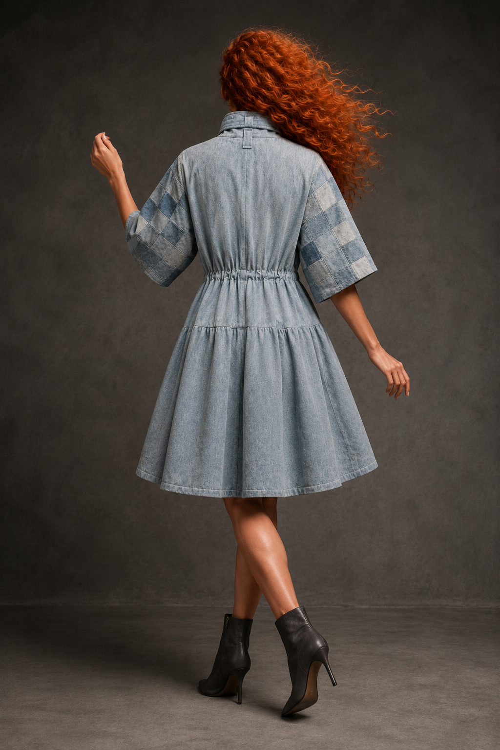 Patchwork Denim Drawstring Dress Coat