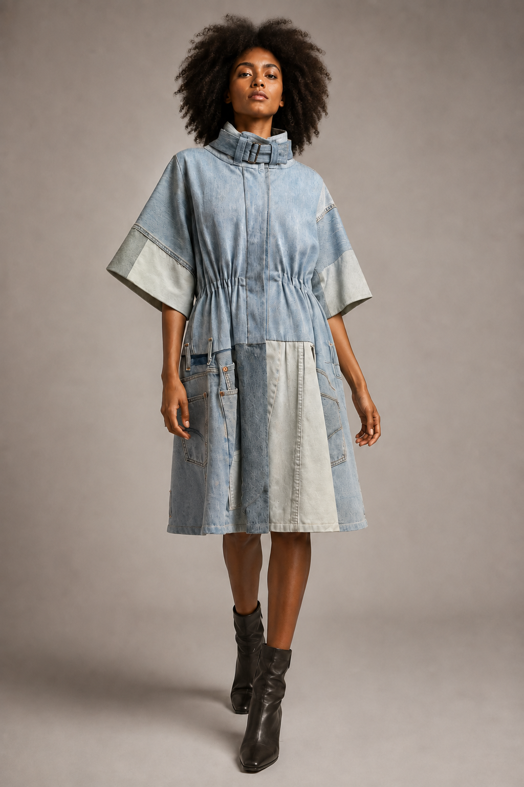 Transformable Patchwork Denim Dress Coat