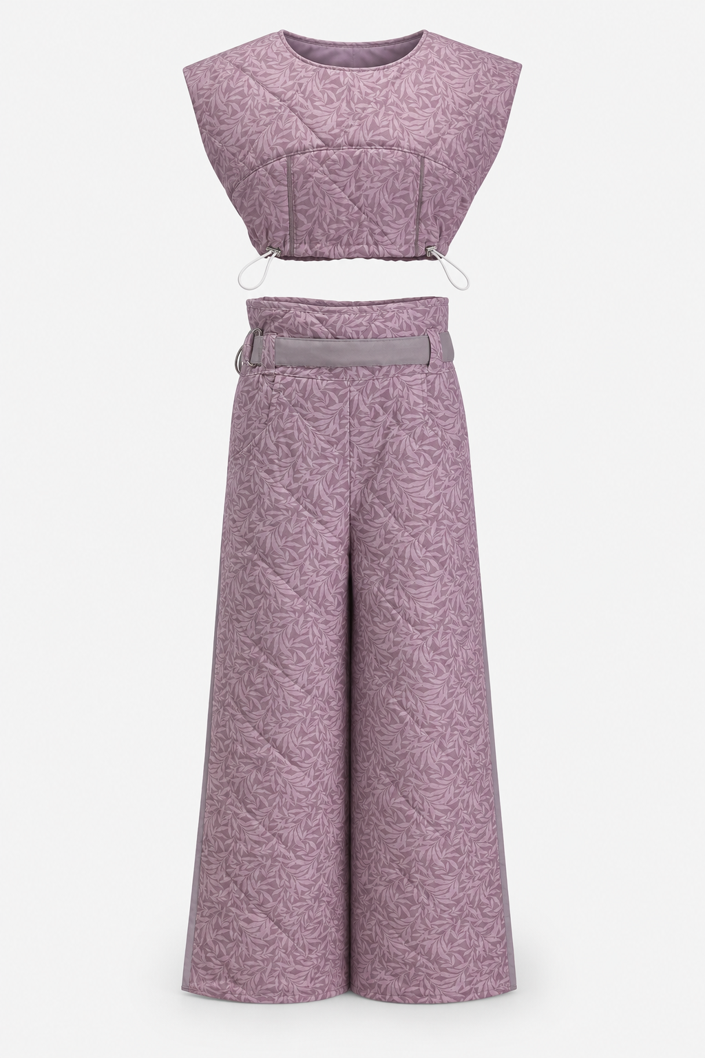 Quilted Botanical Two-Piece Set with Press-Stud Wide-Leg Trousers