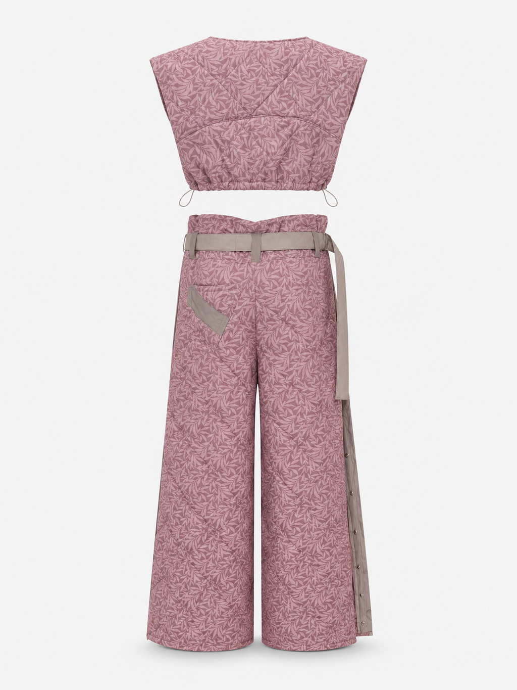 Quilted Botanical Two-Piece Set with Press-Stud Wide-Leg Trousers