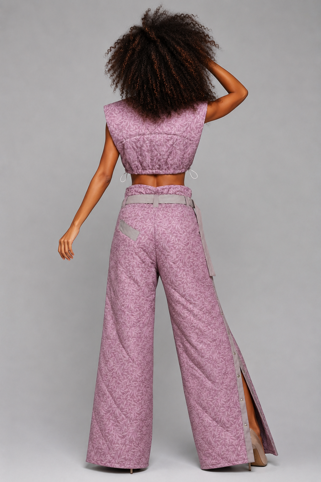 Quilted Botanical Two-Piece Set with Press-Stud Wide-Leg Trousers