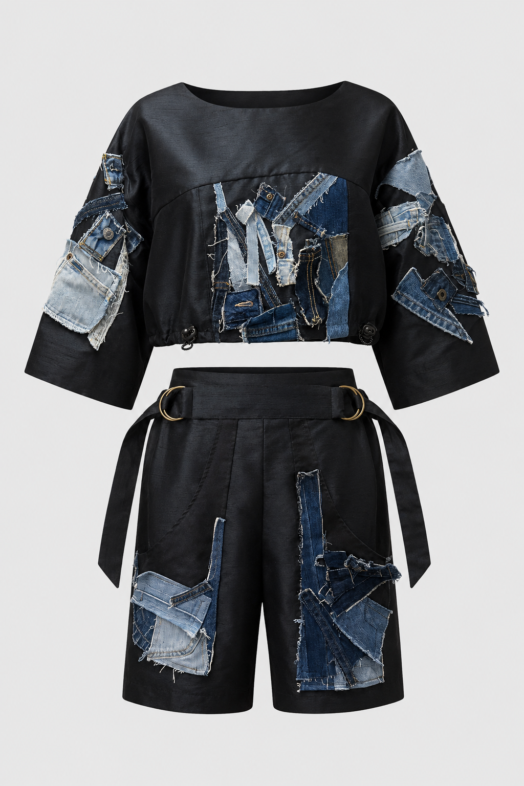 Upcycled Denim Patchwork Top & Shorts Set