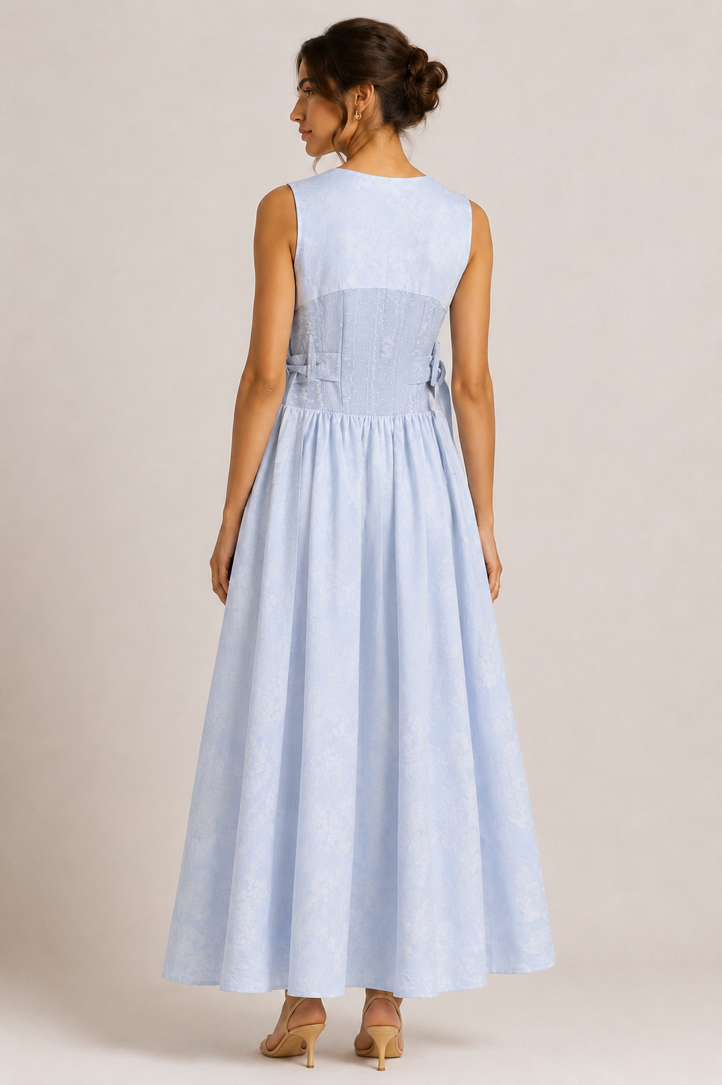 Powder Blue Floral Jacquard Sleeveless Maxi Dress | Sustainable Occasion Dress with Adjustable Waist
