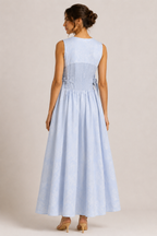 Powder Blue Floral Jacquard Sleeveless Maxi Dress | Sustainable Occasion Dress with Adjustable Waist