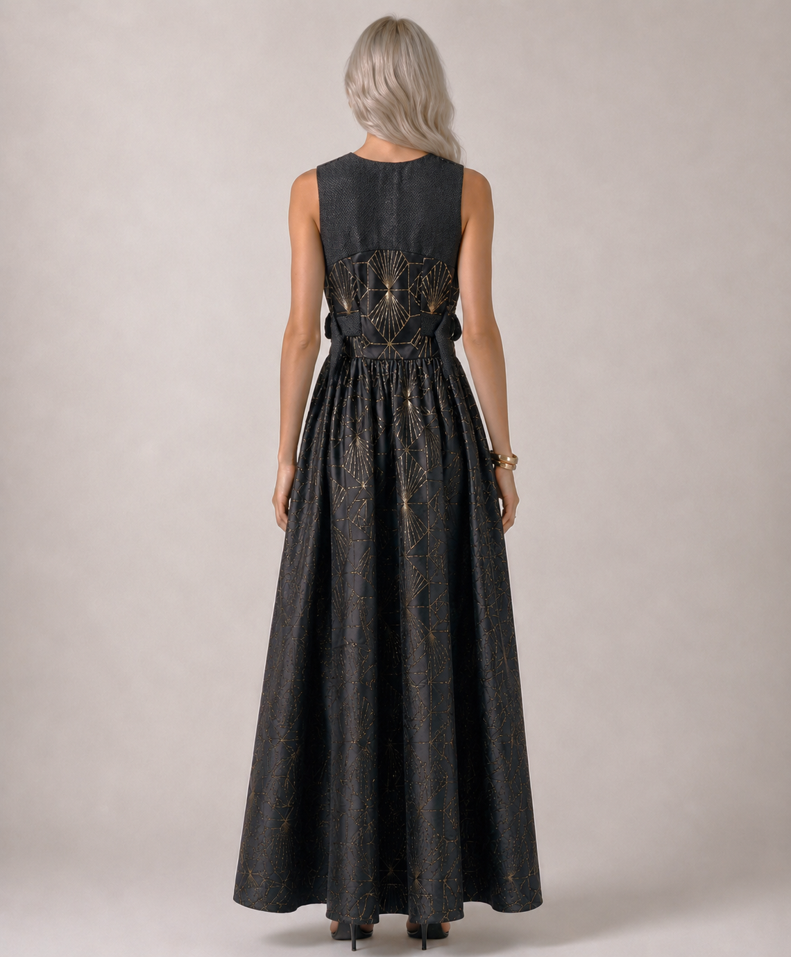 Charcoal Geometric Jacquard Sleeveless Maxi Dress | Sustainable Statement Occasion Dress with Gold Foil Detail
