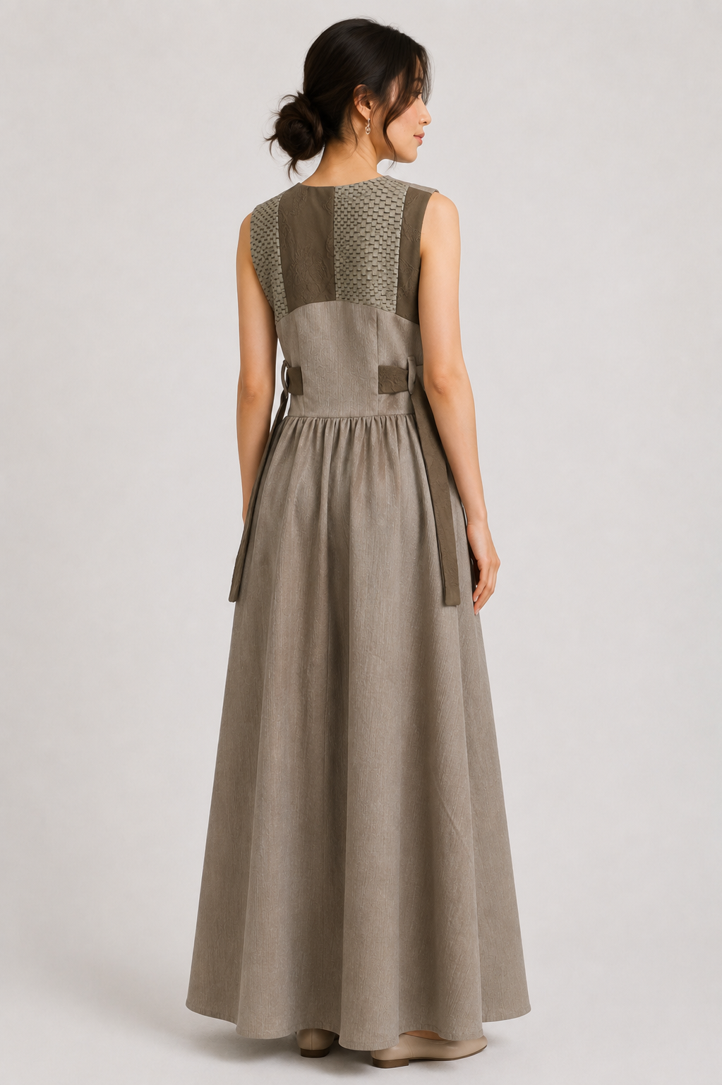 Stone Textured Sleeveless Maxi Dress | Sustainable Neutral Occasion Dress with Adjustable D-Ring Waist
