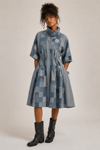 Patchwork Denim Drawstring Dress Coat