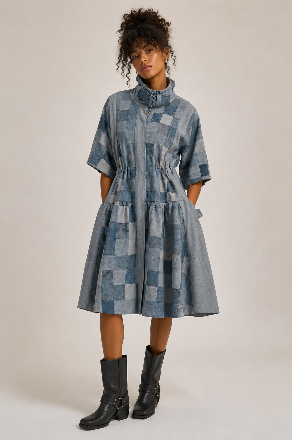 Patchwork Denim Drawstring Dress Coat