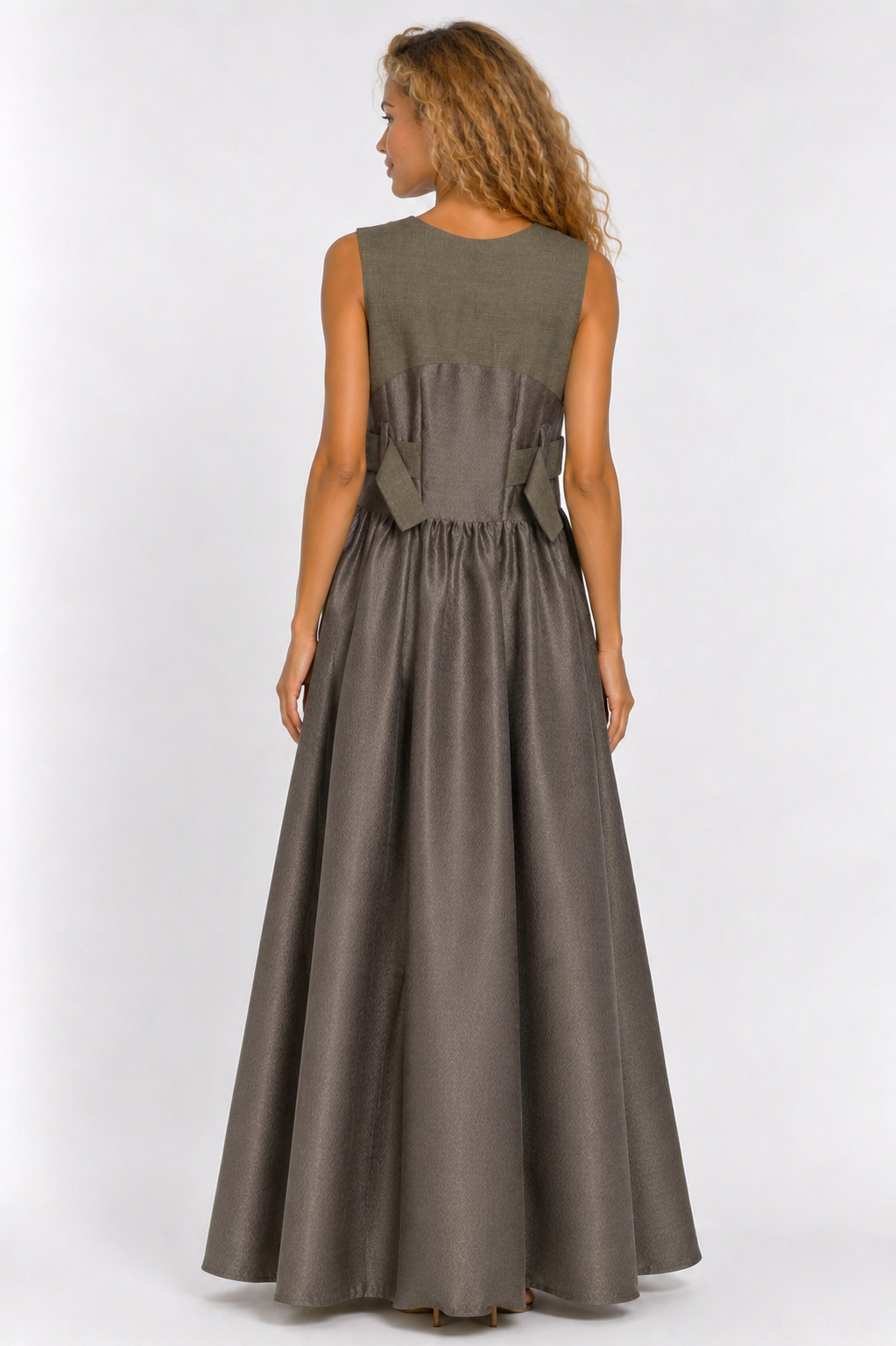 Charcoal Grey Sleeveless Maxi Dress | Sustainable Textured Occasion Dress with Adjustable D-Ring Waist