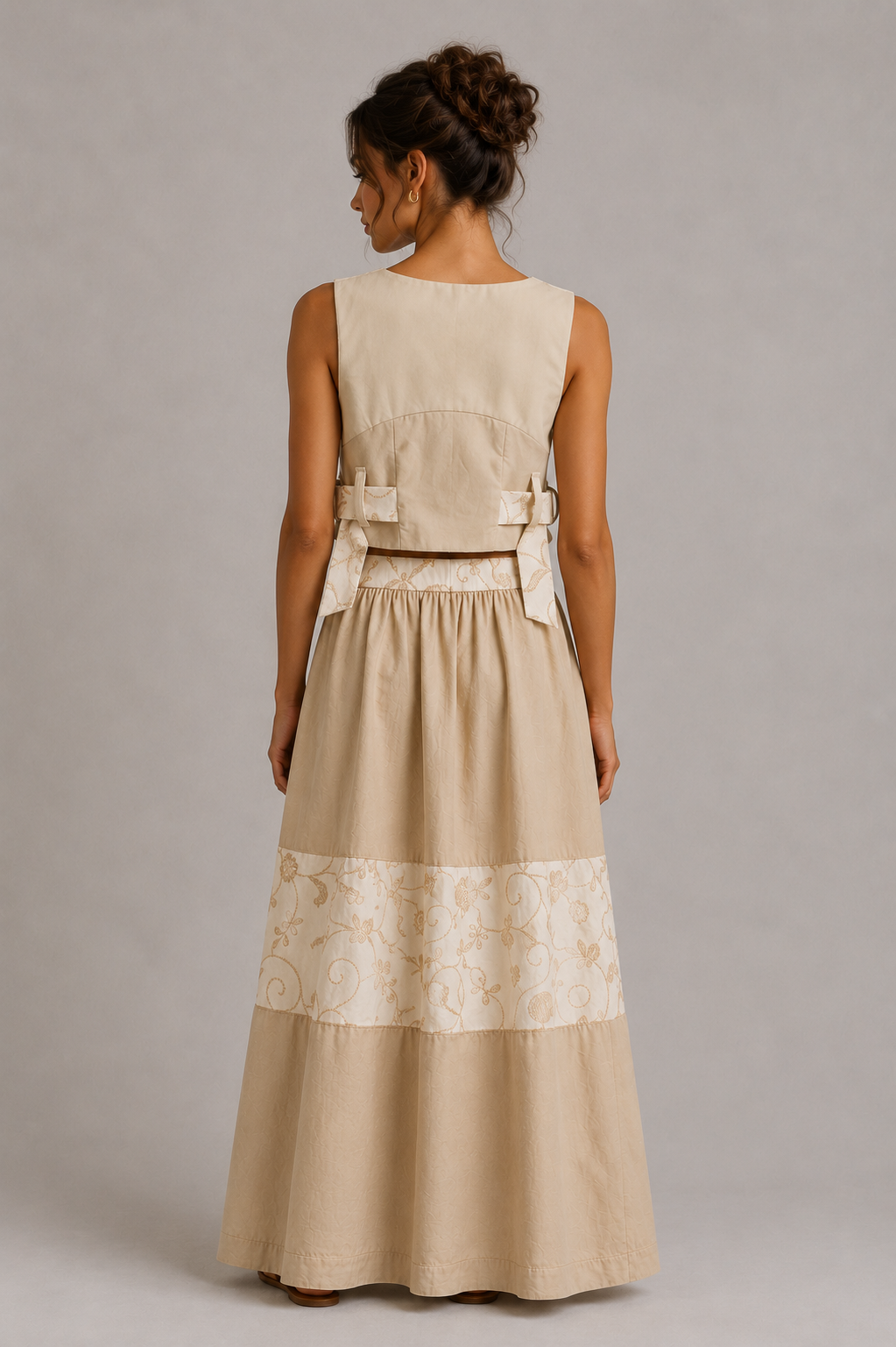 Neutral Embroidered Vine Co-Ord Set | Sustainable Sleeveless Crop Top & Tiered Maxi Skirt