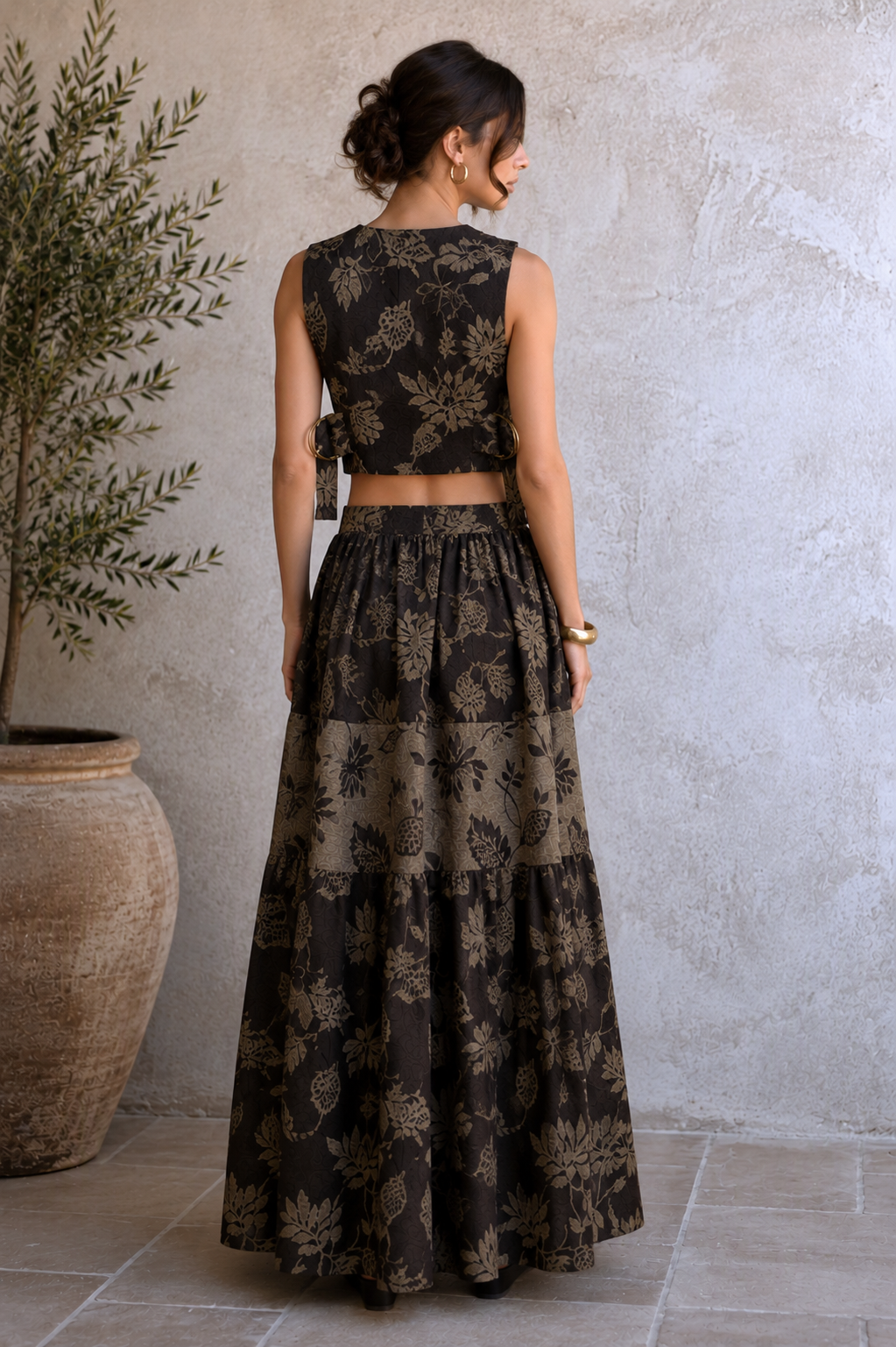 Chocolate Brown Botanical Jacquard Co-Ord Set | Sustainable Sleeveless Crop Top & Tiered Maxi Skirt