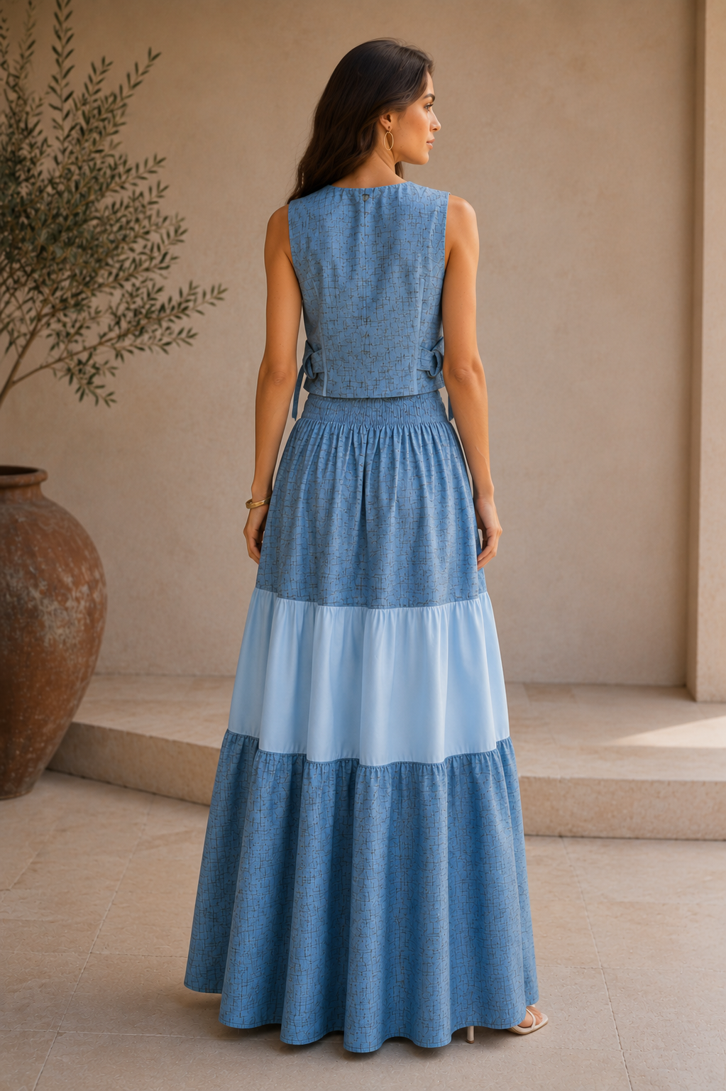 Powder Blue Textured Co-Ord Set | Sustainable Sleeveless Crop Top & Tiered Maxi Skirt