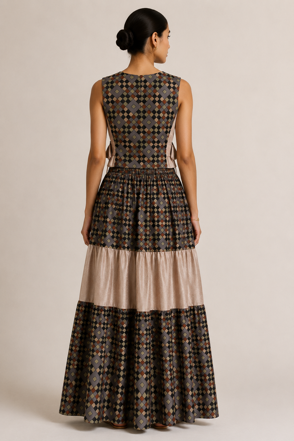 Geometric Diamond Print Co-Ord Set | Sustainable Sleeveless Crop Top & Tiered Maxi Skirt